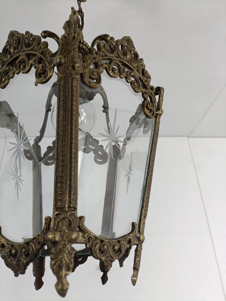Brass Etched Glass Lantern Pendant Ceiling Fixture Vintage 1 Light Chandelier photo vinterior