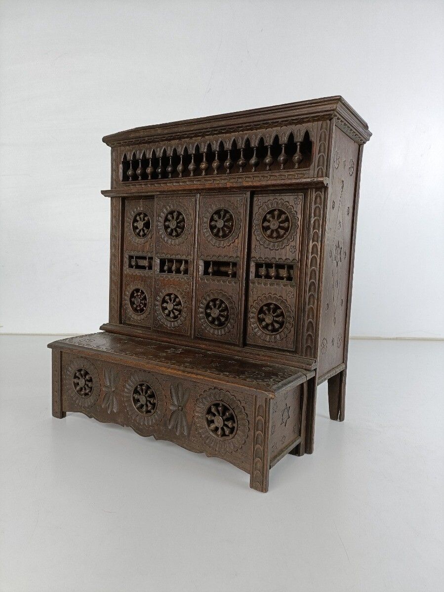 Miniature French Breton Salesman Sample Hanging Cabinet Wood Antique 1900s Gorge photo furniture