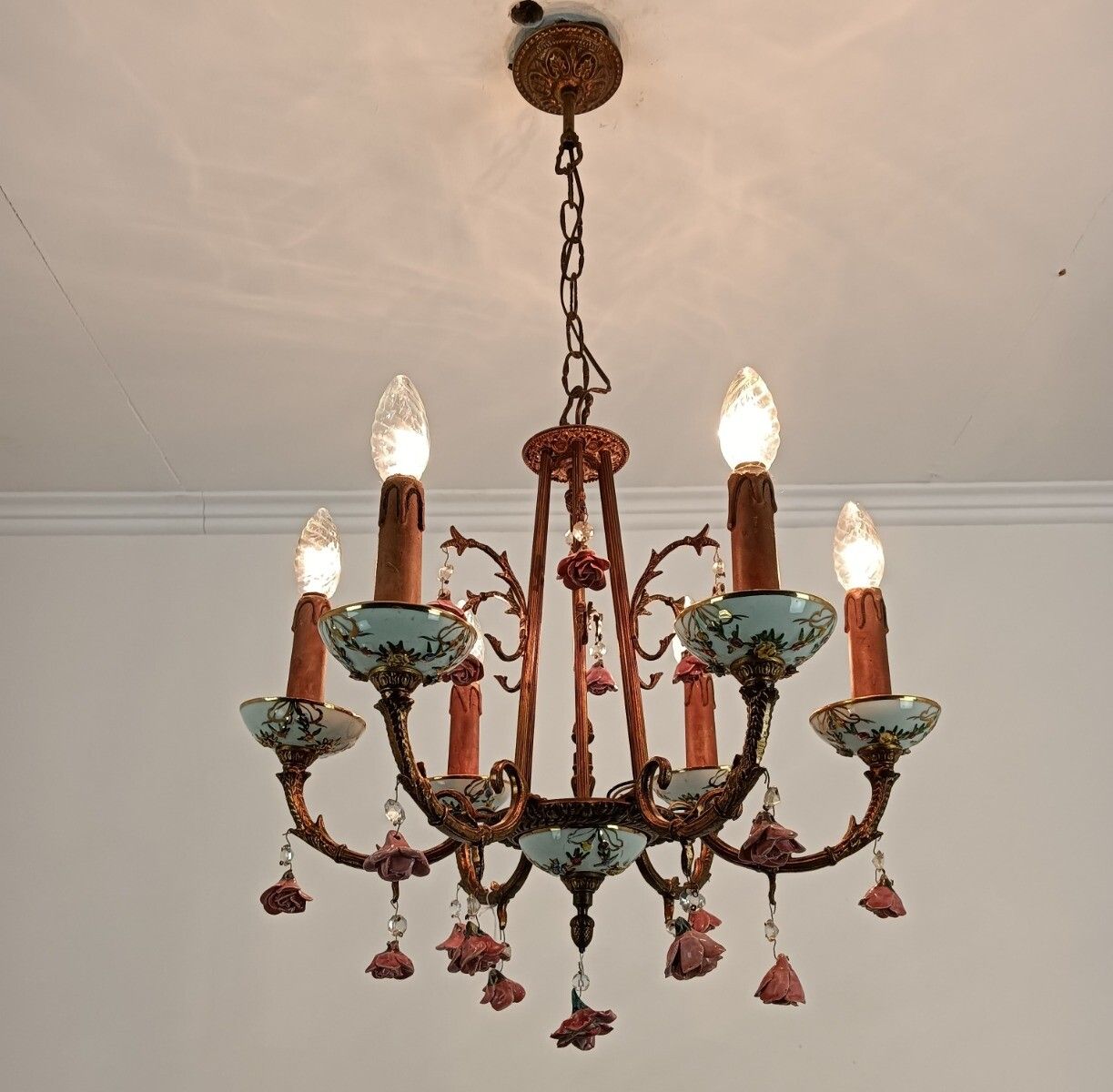 Lovely Italian Chandelier Brass With Porcelain Pink Flowers Romantic 6 Lights VI photo furniture