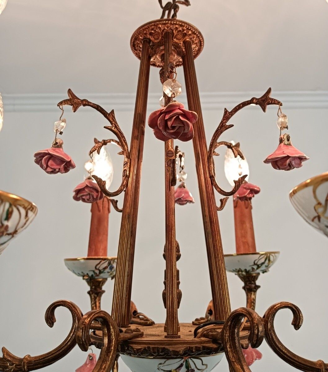 Lovely Italian Chandelier Brass With Porcelain Pink Flowers Romantic 6 Lights VI photo for sale