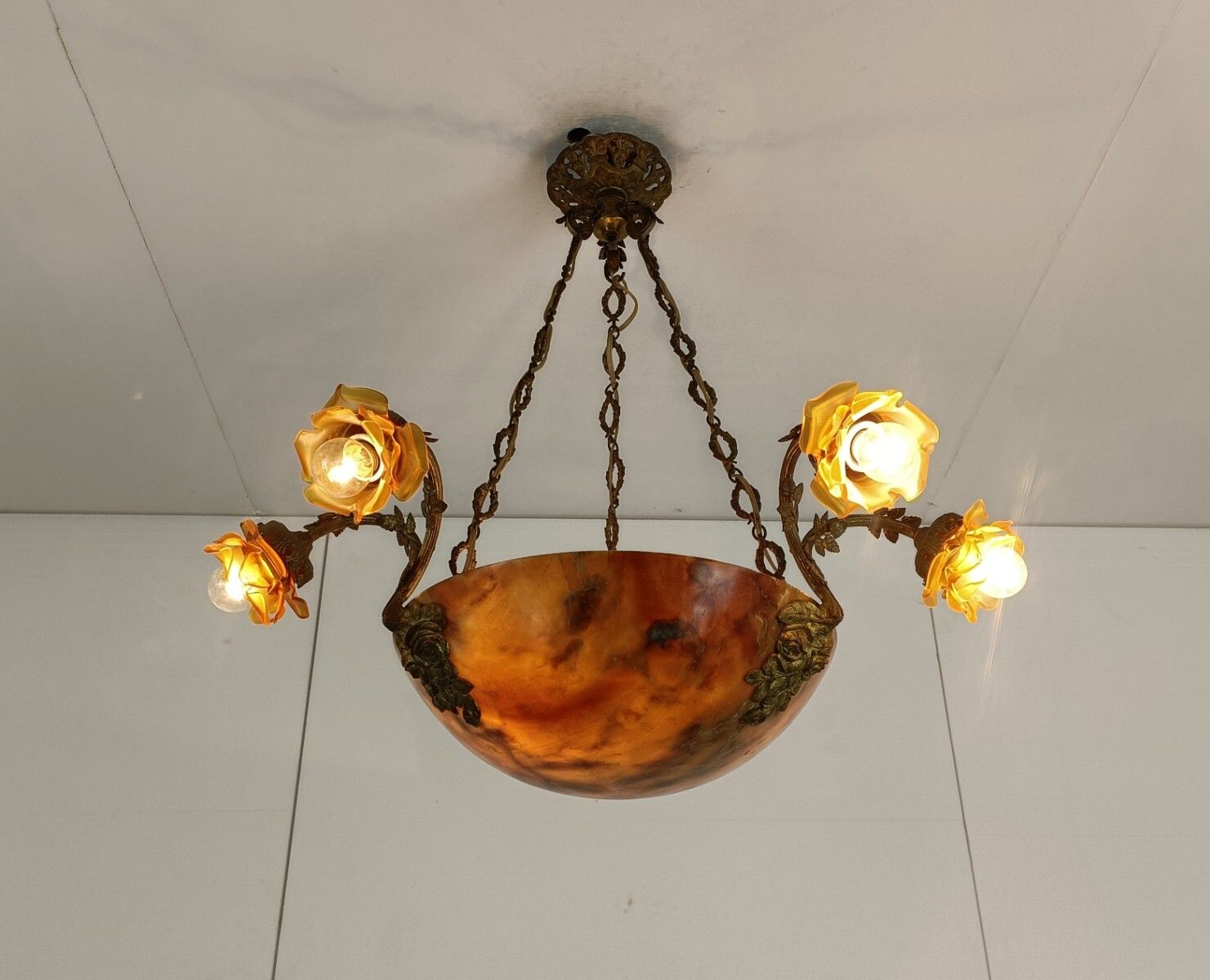 Art Nouveau Pendant Chandelier Alabaster Amber Flower Shades 9 Lights  Antique G photo furniture
