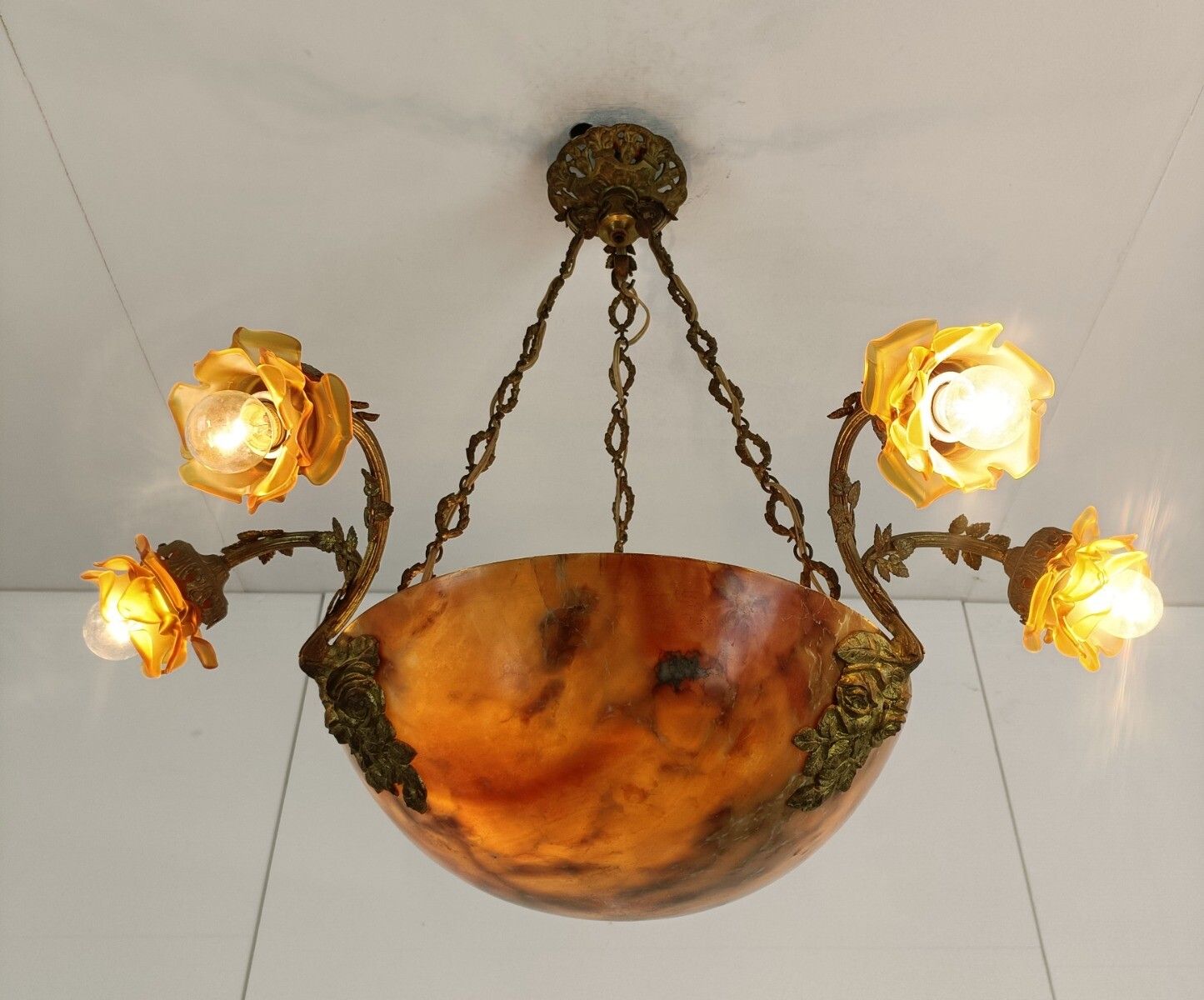 Art Nouveau Pendant Chandelier Alabaster Amber Flower Shades 9 Lights  Antique G photo for sale