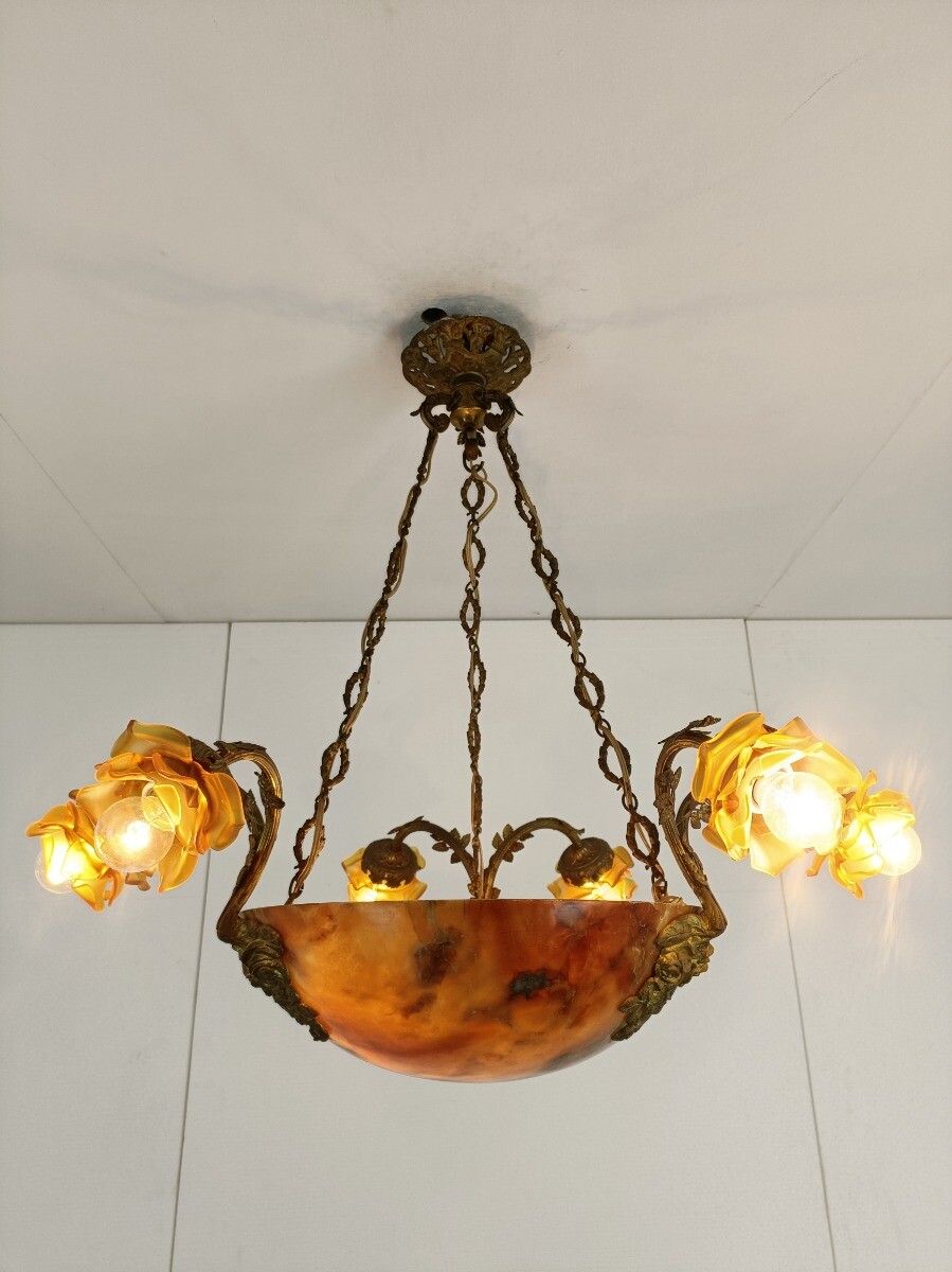 Art Nouveau Pendant Chandelier Alabaster Amber Flower Shades 9 Lights  Antique G photo Lighting