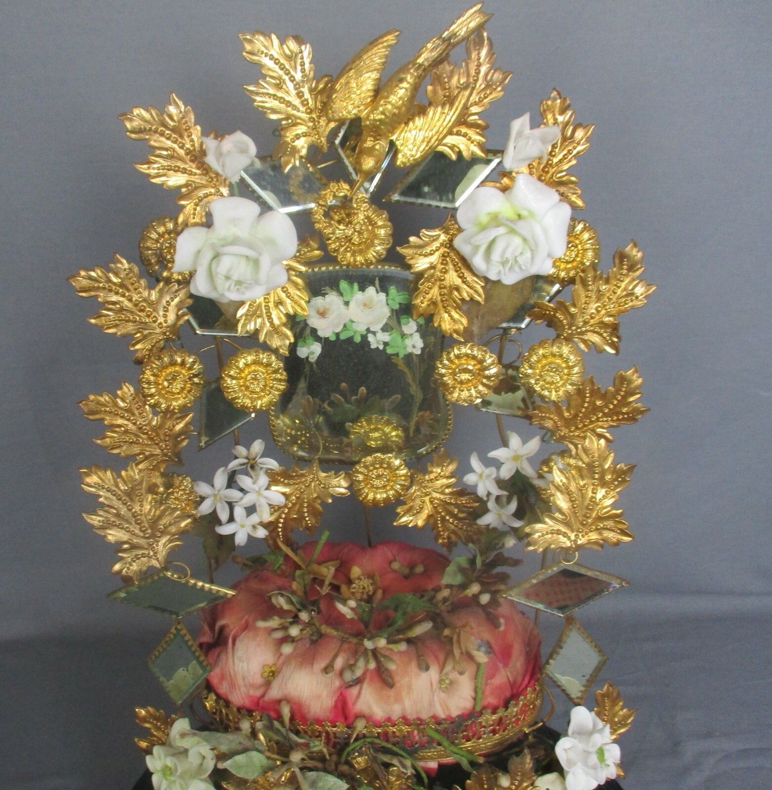Antique 1800 Victorian French Bridal Wedding Dome Gold Gilt Leafs  Ormolu Birds photo buy