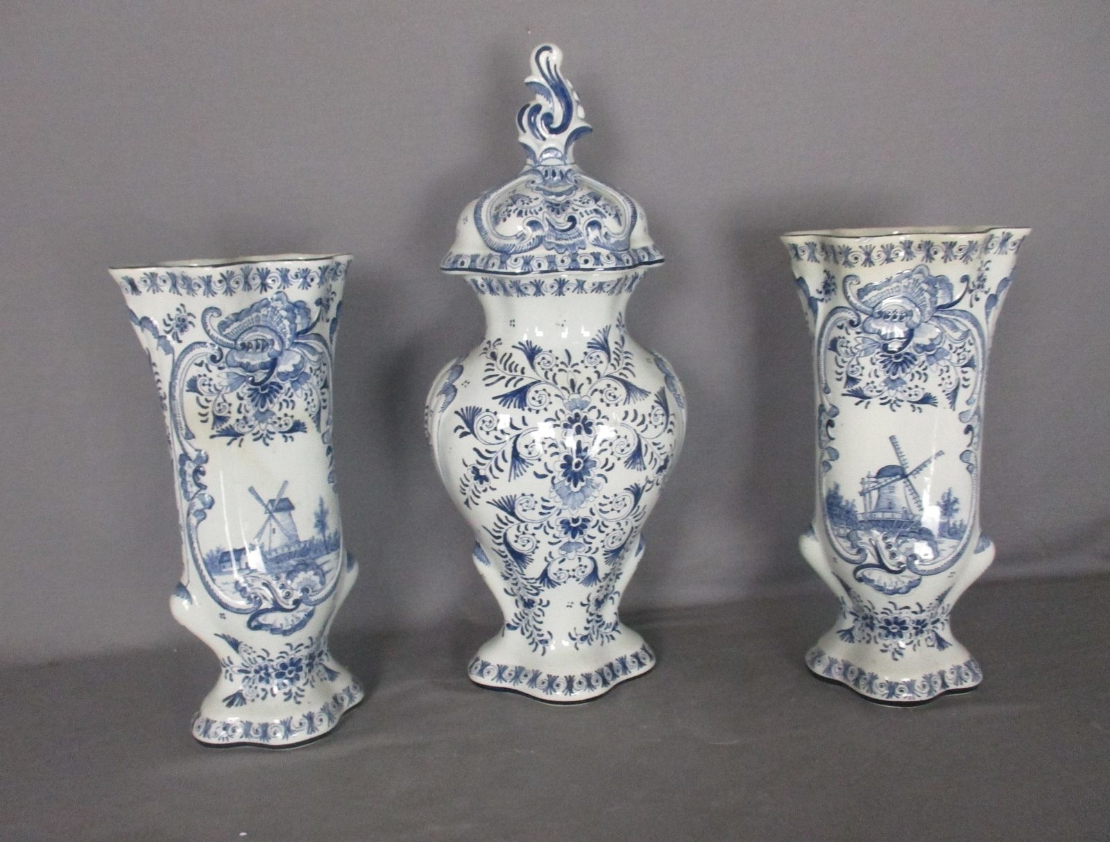 3 Pcs Delft Blue Pottery Garniture Set 2 Trumpet Vases Matching Covered Urn