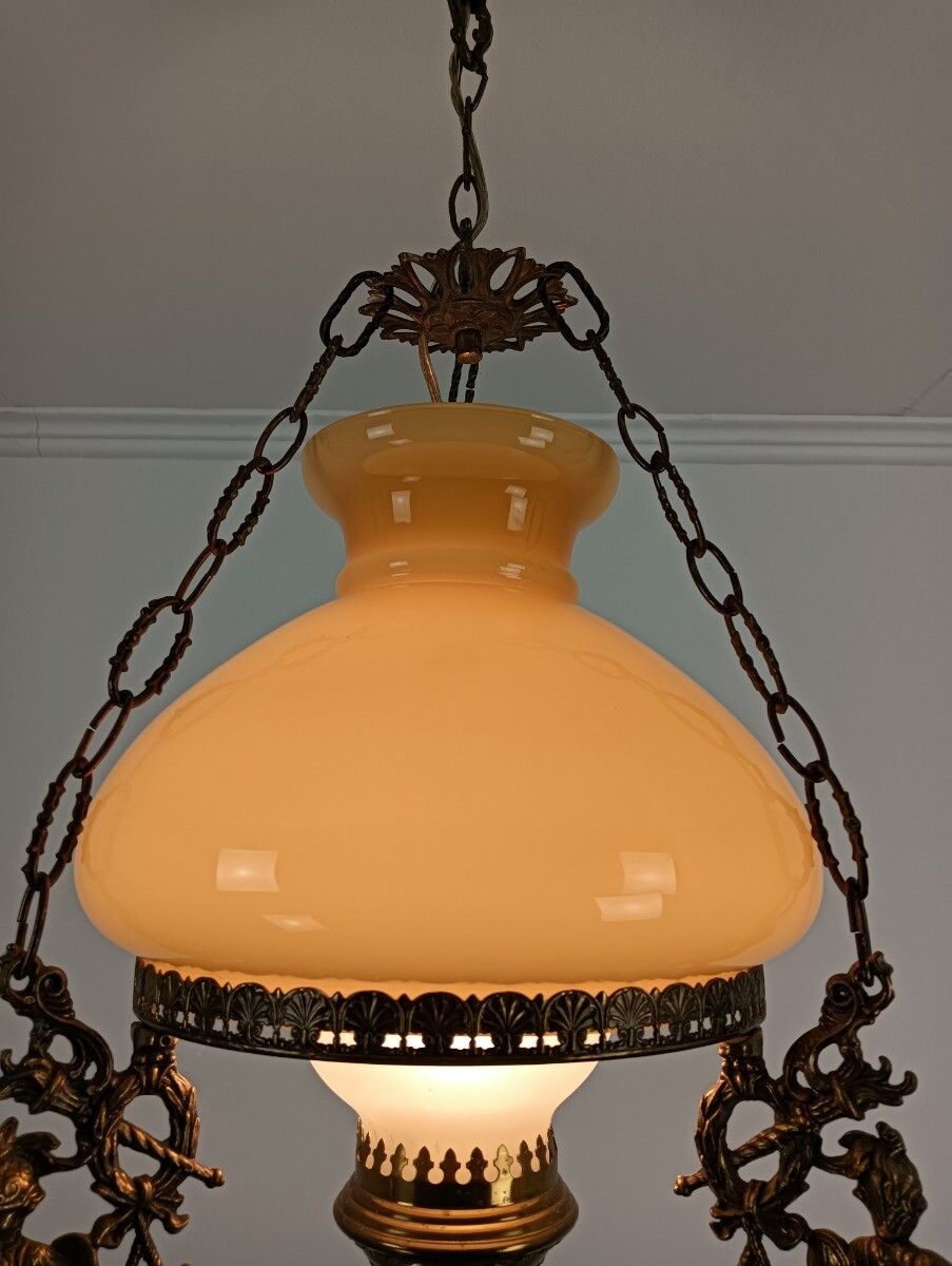 Lampe Belge Yellow Amber Glass Shade Brass Knights Dragon Slayers Dragons Antiqu photo Lighting