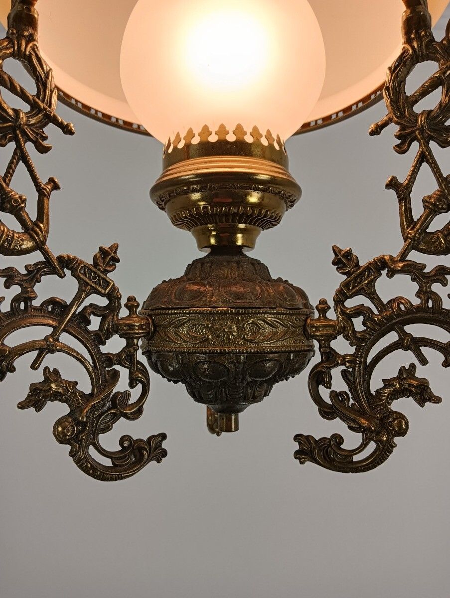 Lampe Belge Yellow Amber Glass Shade Brass Knights Dragon Slayers Dragons Antiqu photo vinterior