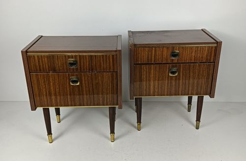 photo for sale Pair Couple Vintage Nightstands End Tables Mid Century Modern Wood Retro  Brown