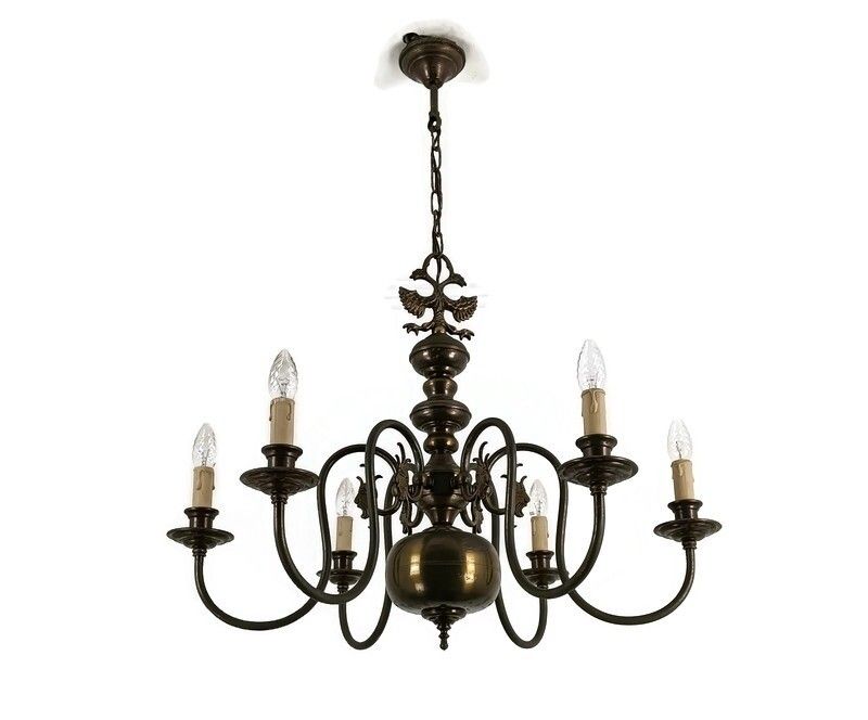 Flemish Dutch Chandelier 6 Arm Lights Brass Eagles Faces  Ornate Barn Farmhouse