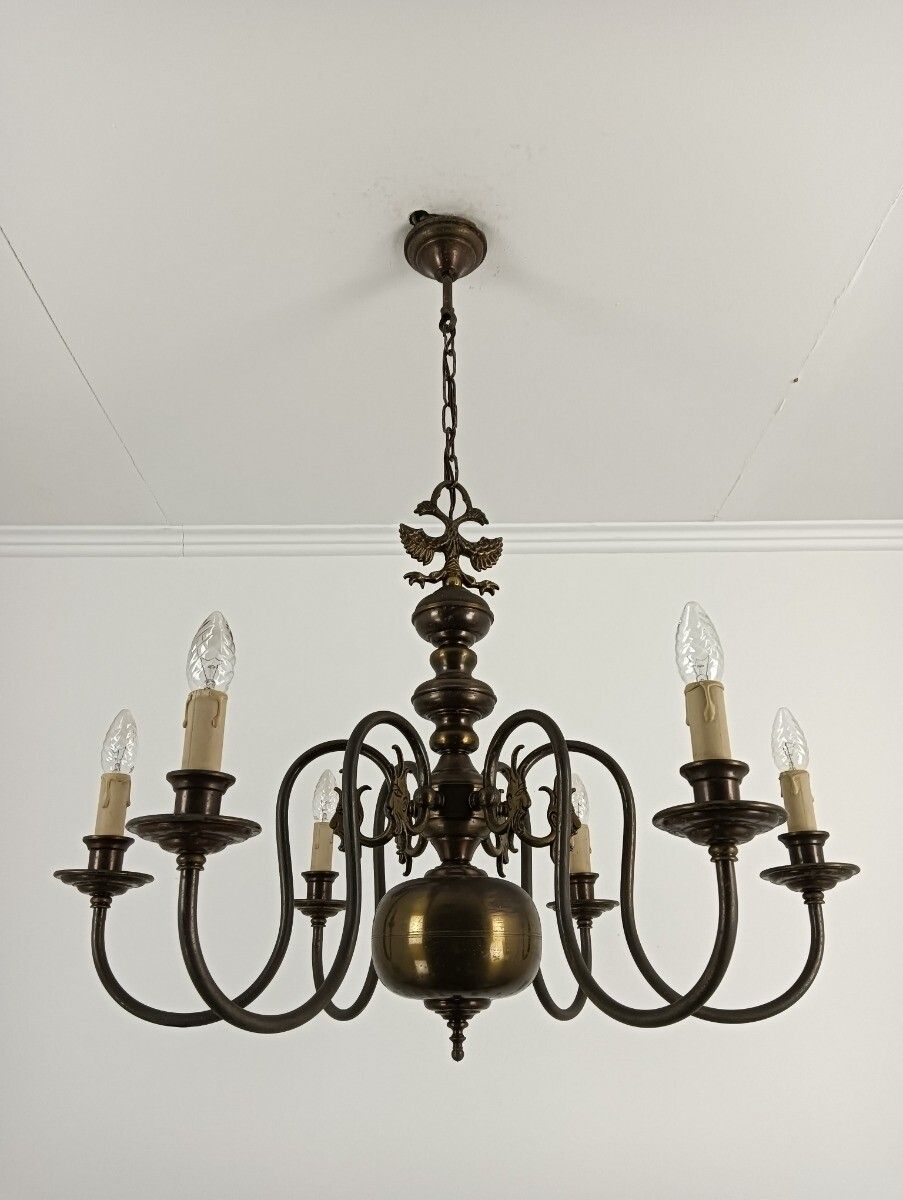 photo vinterior Flemish Dutch Chandelier 6 Arm Lights Brass Eagles Faces  Ornate Barn Farmhouse