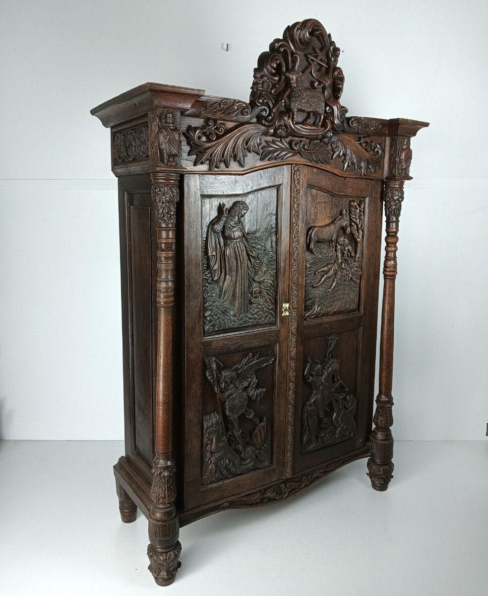 Gothic Antique 18th Century Carved Oak Religious Scenery Saint Dragon Cabinet Wo photo furniture