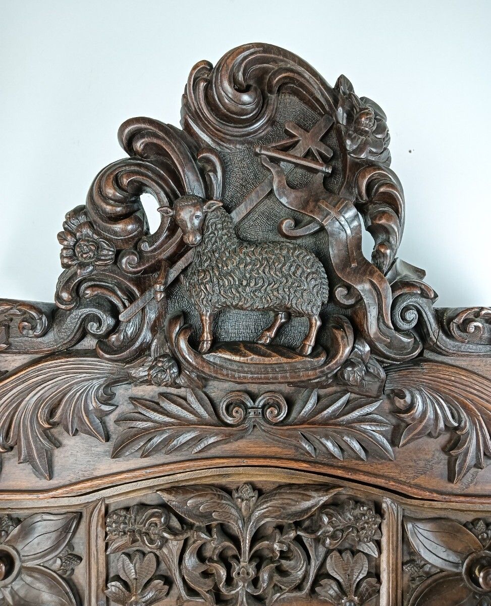 Gothic Antique 18th Century Carved Oak Religious Scenery Saint Dragon Cabinet Wo photo vintage