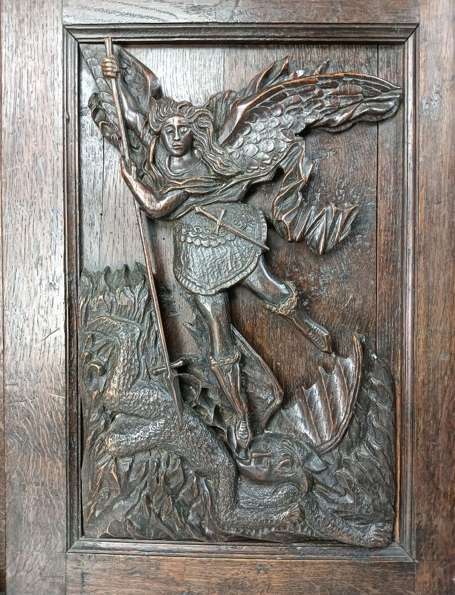 photo furniture Gothic Antique 18th Century Carved Oak Religious Scenery Saint Dragon Cabinet Wo