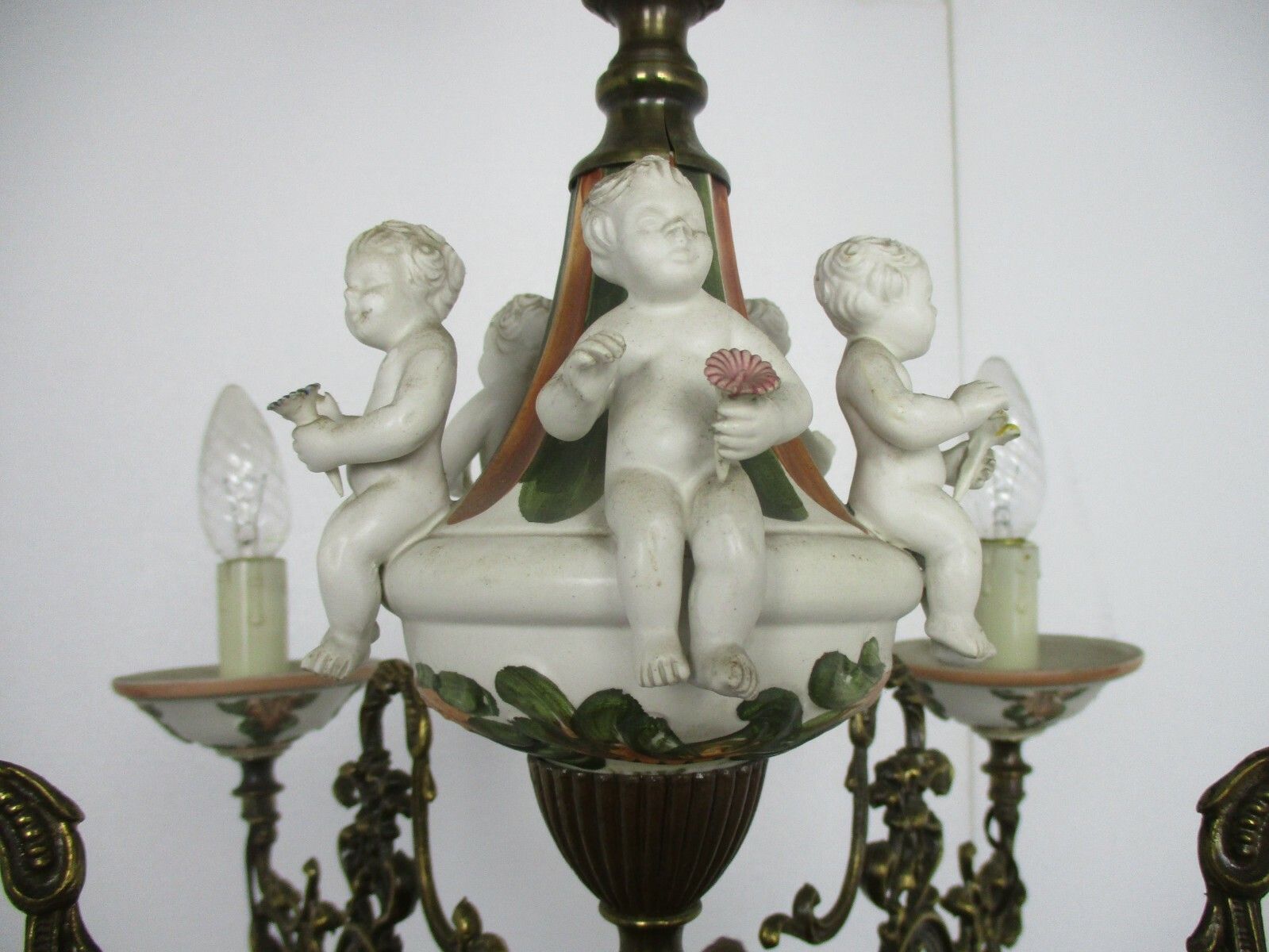 photo furniture Vintage Capodimonte Style Chandelier 6 Arm Lights Porcelain Putti Cherubs Eros