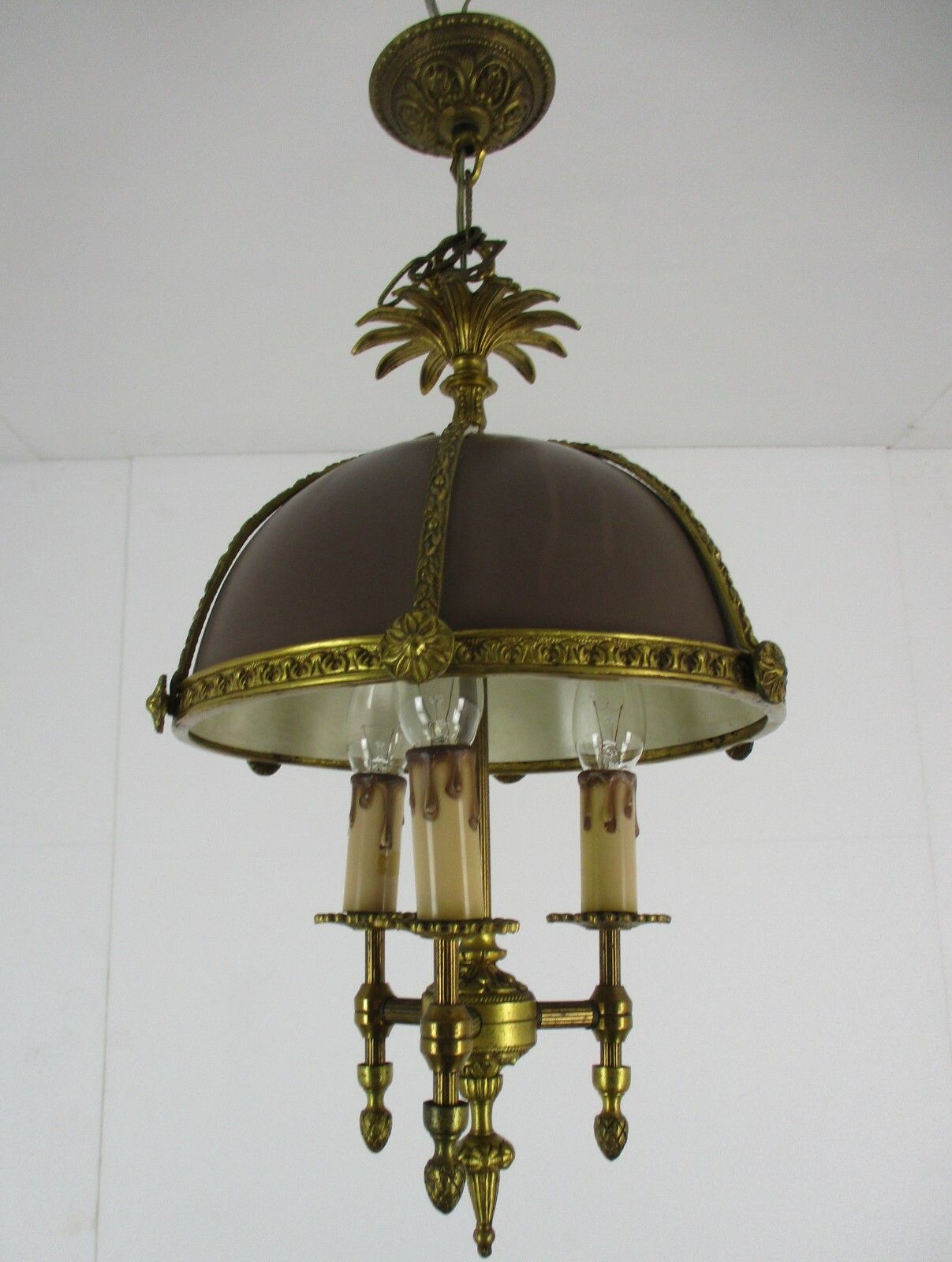French Empire Bouillotte Chandelier 3 Lights Brown Tole Garlands Guirlandes Rare photo Lighting