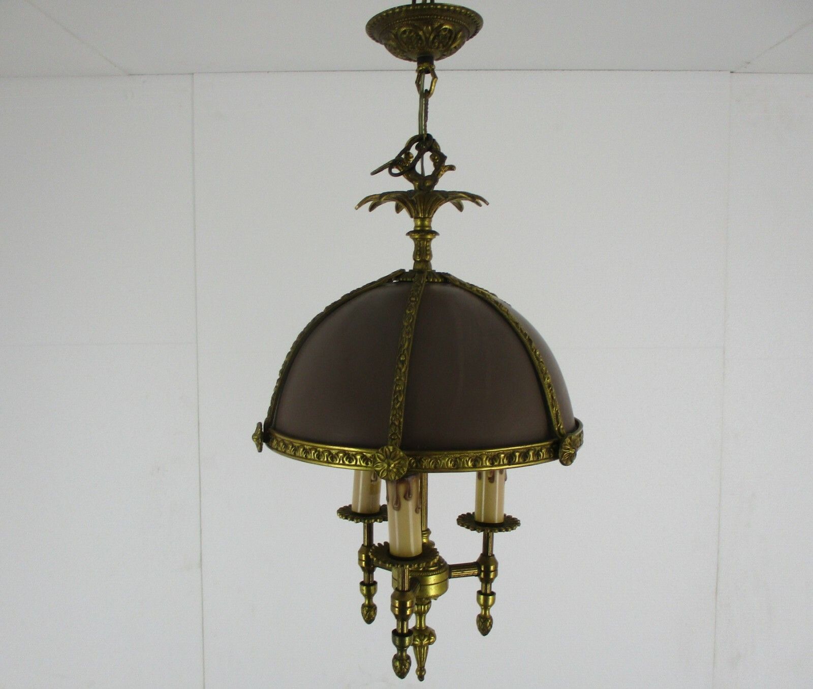French Empire Bouillotte Chandelier 3 Lights Brown Tole Garlands Guirlandes Rare photo 929.0