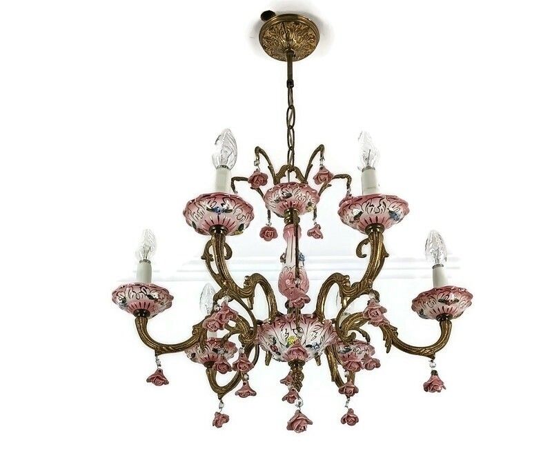 Chandelier Romantic Vintage Porcelain Small Pink Flowers 6 Lights Arm Italy