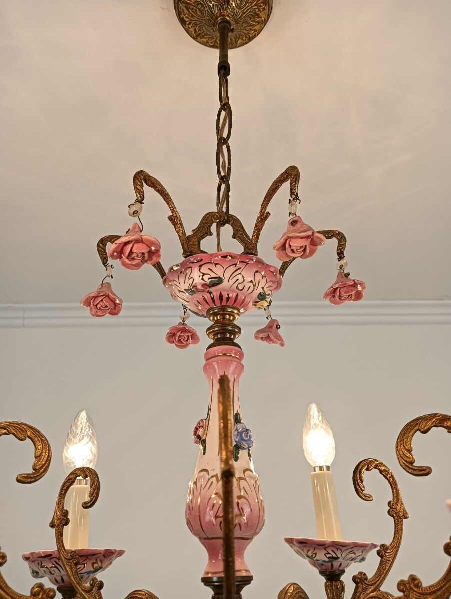Chandelier Romantic Vintage Porcelain Small Pink Flowers 6 Lights Arm Italy photo for sale