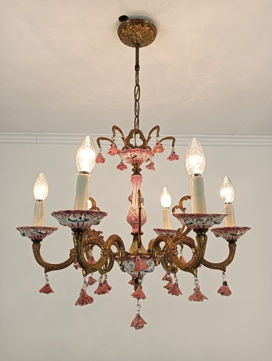 Chandelier Romantic Vintage Porcelain Small Pink Flowers 6 Lights Arm Italy photo vintage