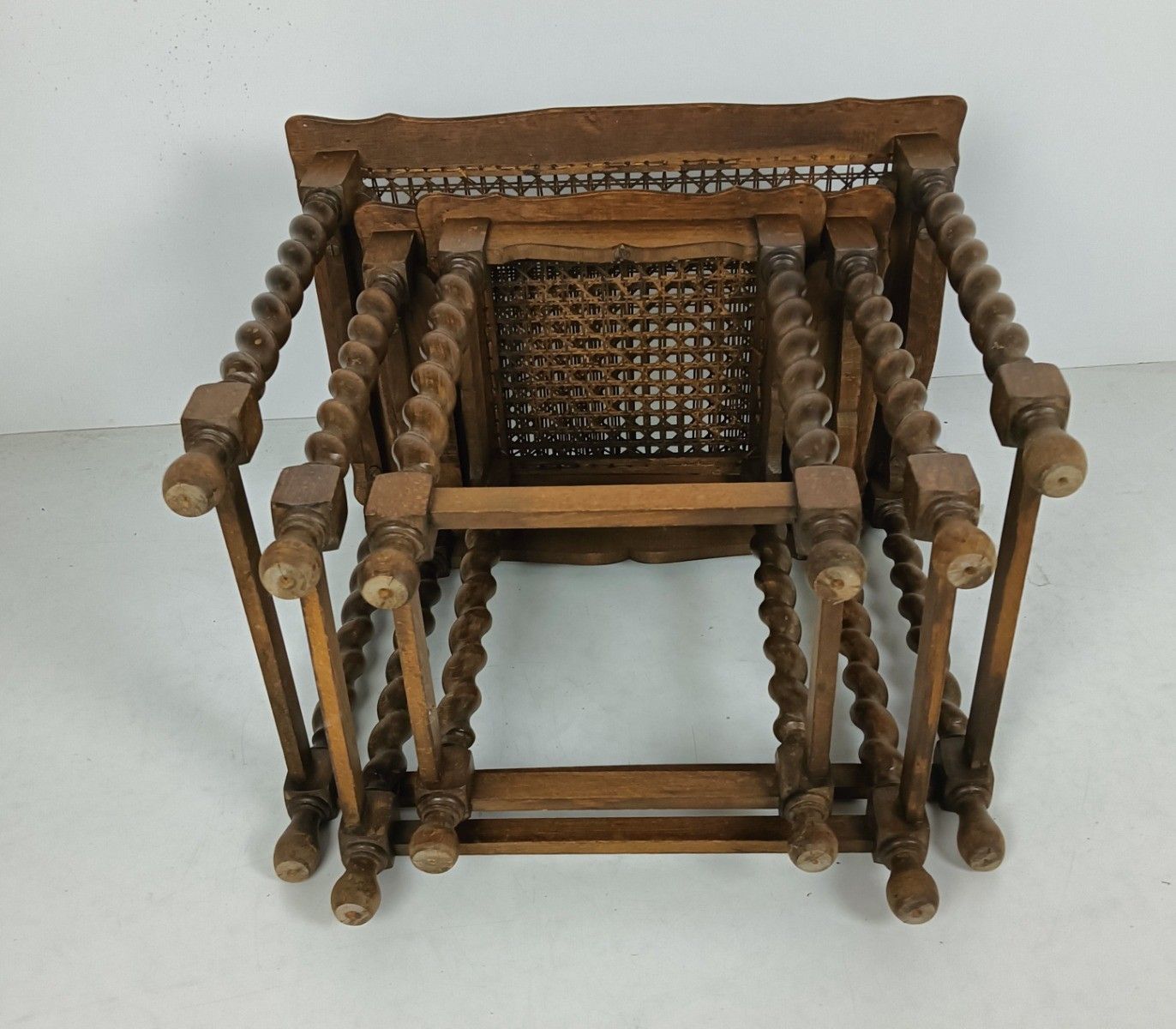 Set Of 3 Barley Twist Wooden Nesting Stacking Side Tables Rush Tops Barn Country photo buy