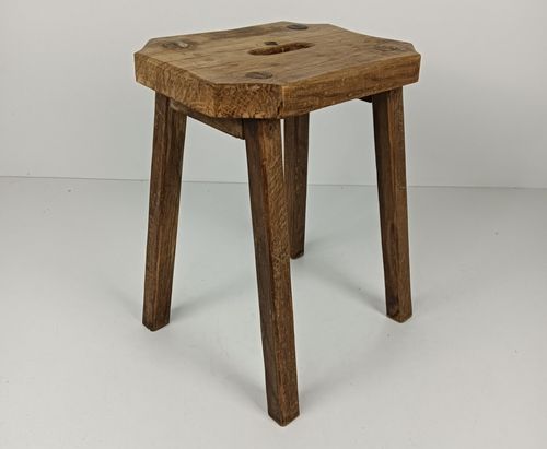 Funky Antique Milking Stool Plant Stand Pedestal Carved Wood, France Rustic Side photo vinterior