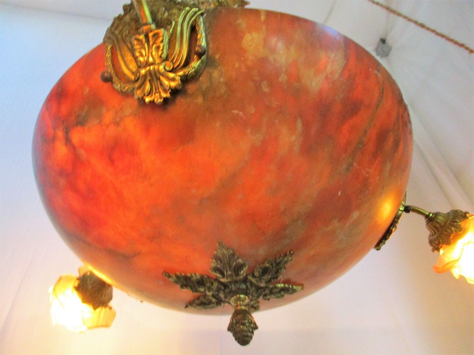 Art Nouveau Pendant Chandelier Alabaster Amber Flower Shades 4 Lights Ormolu photo furniture