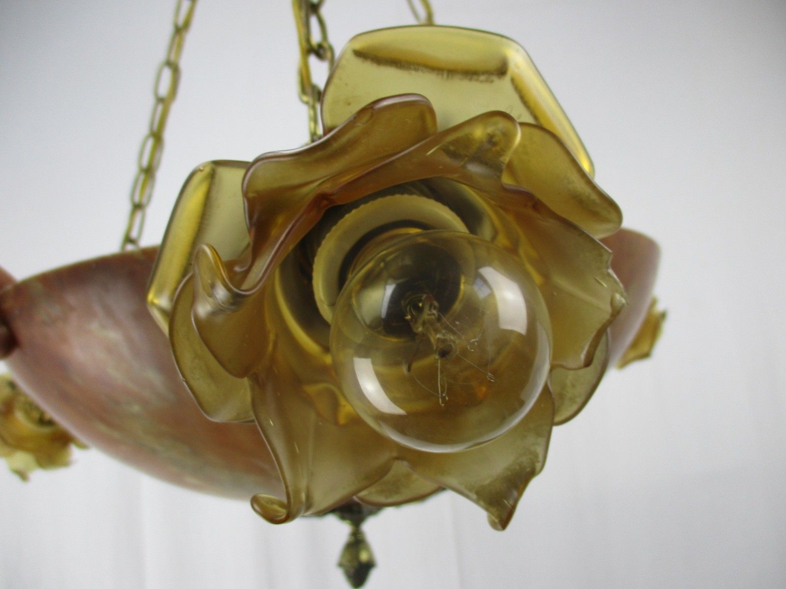 photo for sale Art Nouveau Pendant Chandelier Alabaster Amber Flower Shades 4 Lights Ormolu