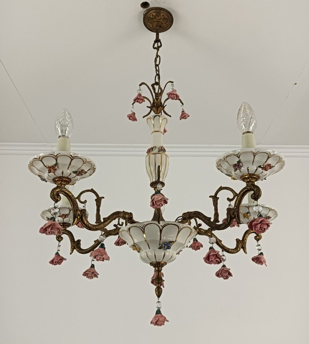 Italian Porcelain Brass Chandelier White Pink Small Flowers 6 Lights Arm Vintage photo furniture
