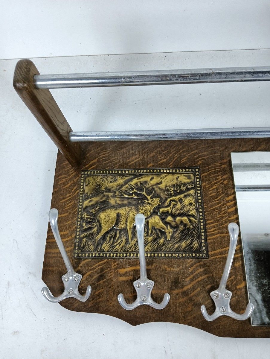 Vintage Modernist Wooden Coat Hat Rack Brass Plaques Trim Deer Railroad Rack photo for sale