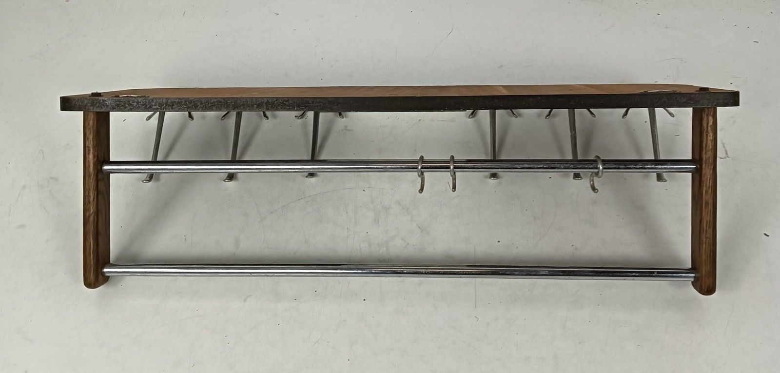 Vintage Modernist Wooden Coat Hat Rack Brass Plaques Trim Deer Railroad Rack photo vintage