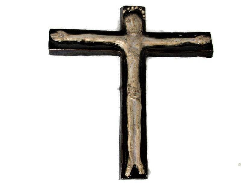 Mid Century Design Ceramic Modern Crucifix Ceramic Fat Lava Gold Gilded Marked M