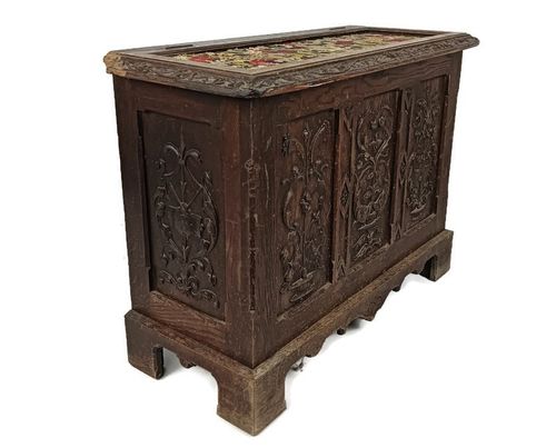 Antique 19th Century Ornate Carved Wooden Box Chest Trunk Tapestry Stunning Wow