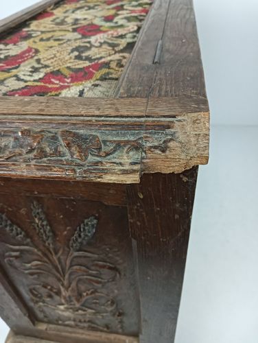 photo for sale Antique 19th Century Ornate Carved Wooden Box Chest Trunk Tapestry Stunning Wow