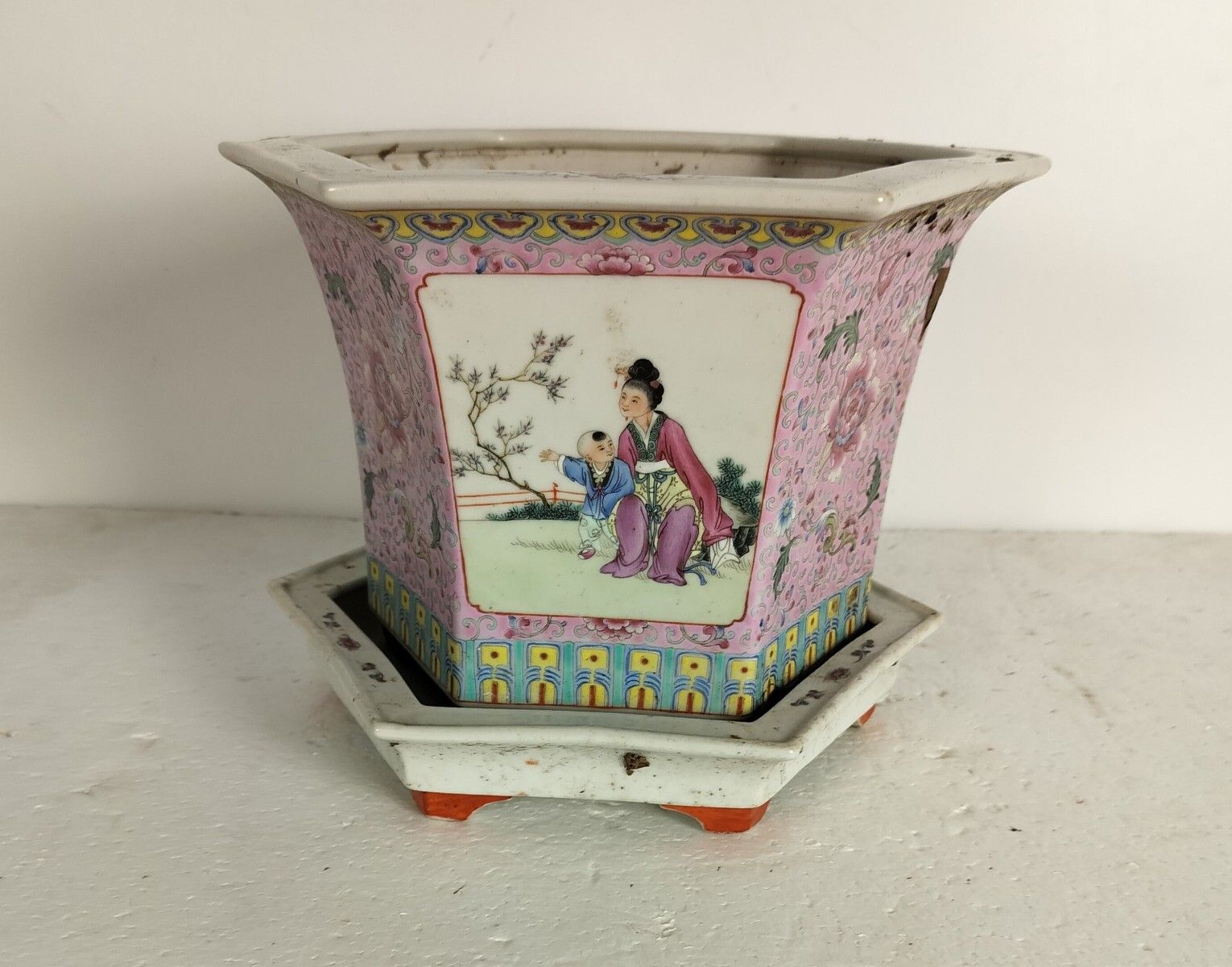 Hexagon Chinese Vintage Indoor Planter Cachepot With Dish Family Rose Hand Paint photo buy