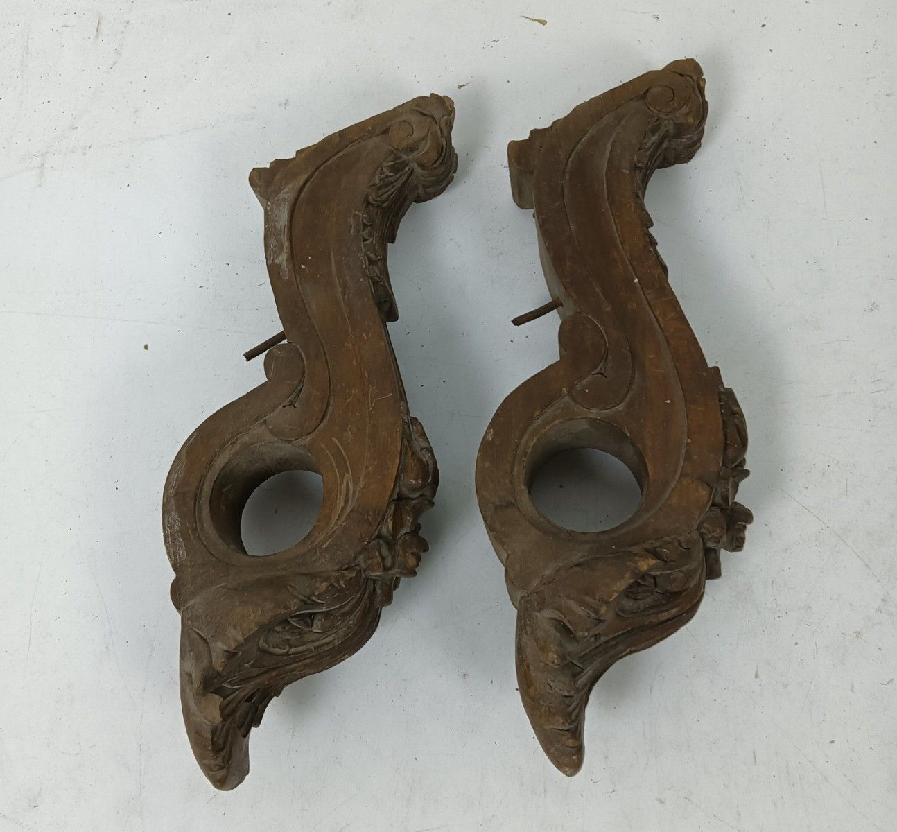 Ornate Pair Corbels Hand Carved Wood Pediment Antique  Finial Architectural Fini photo for sale