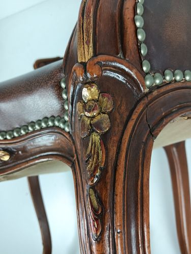 Furniture Gorgeous Vintage Corner Arm Desk Chair Leather Wood Chesterfield Vintage photo