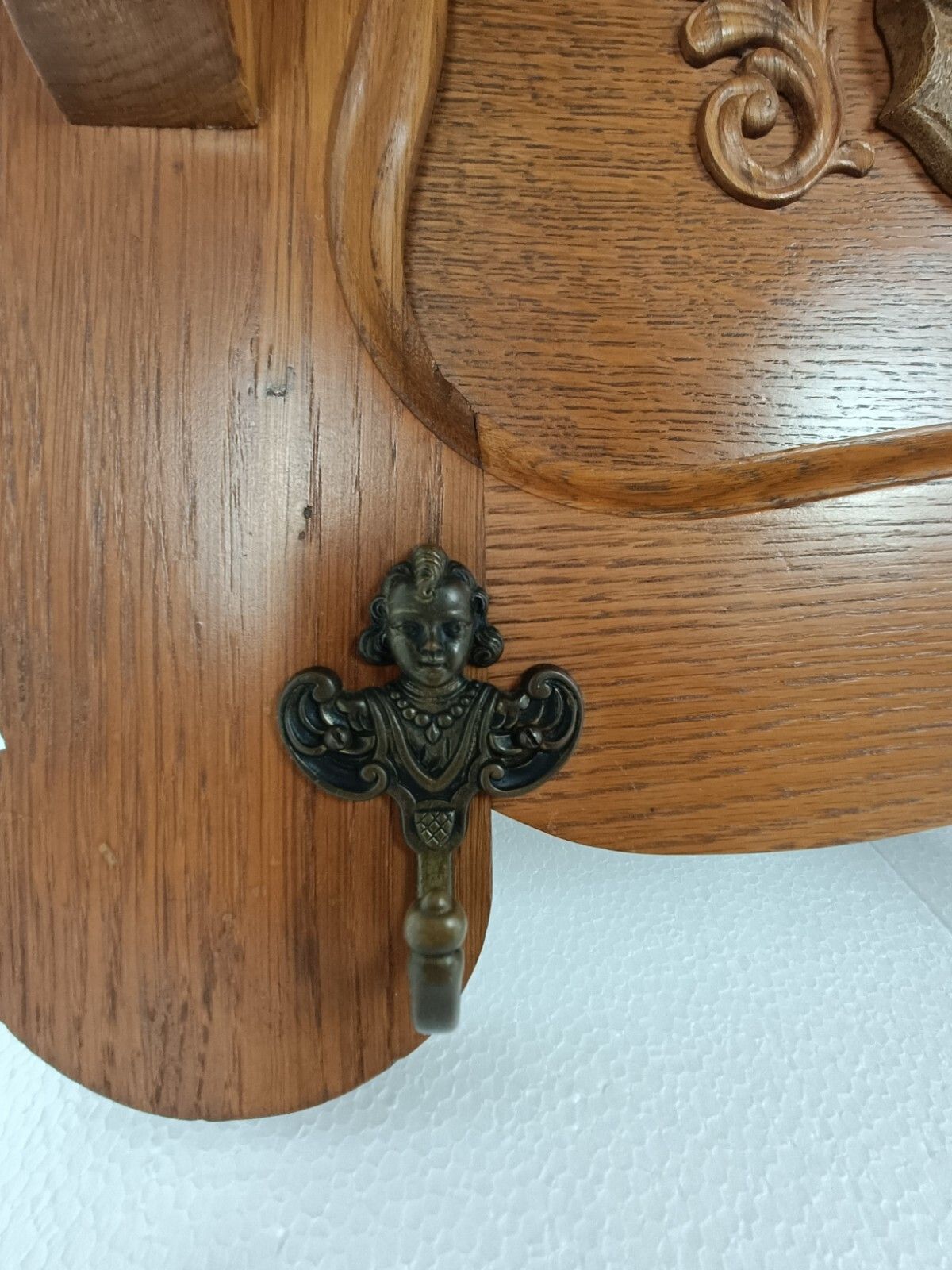 photo furniture Hand Carved Wood Coat Hat Rack Ornate Breughel Style Faces Shield 30s 40s