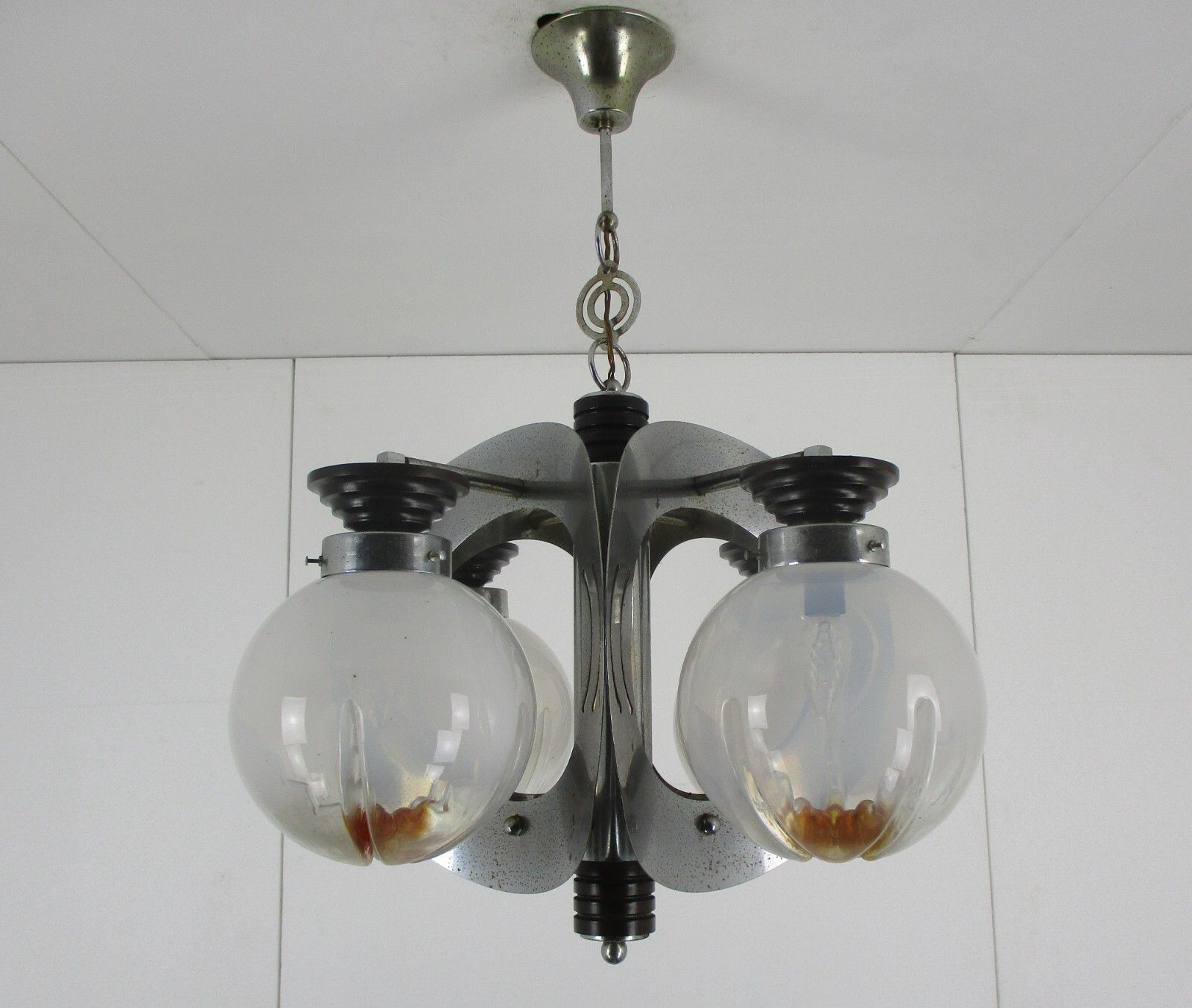 Design Mazzega Murano Chandelier 5 Lights Art Glass Chrome Space Age Italian photo vintage