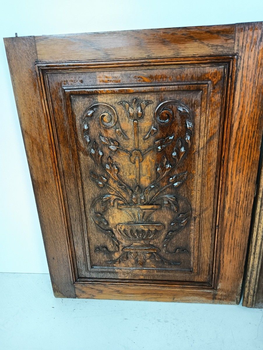 Pair Antique Door Panels Carved Wood  Flowers Baskets Architectural Reclaimed Sa photo 162.0