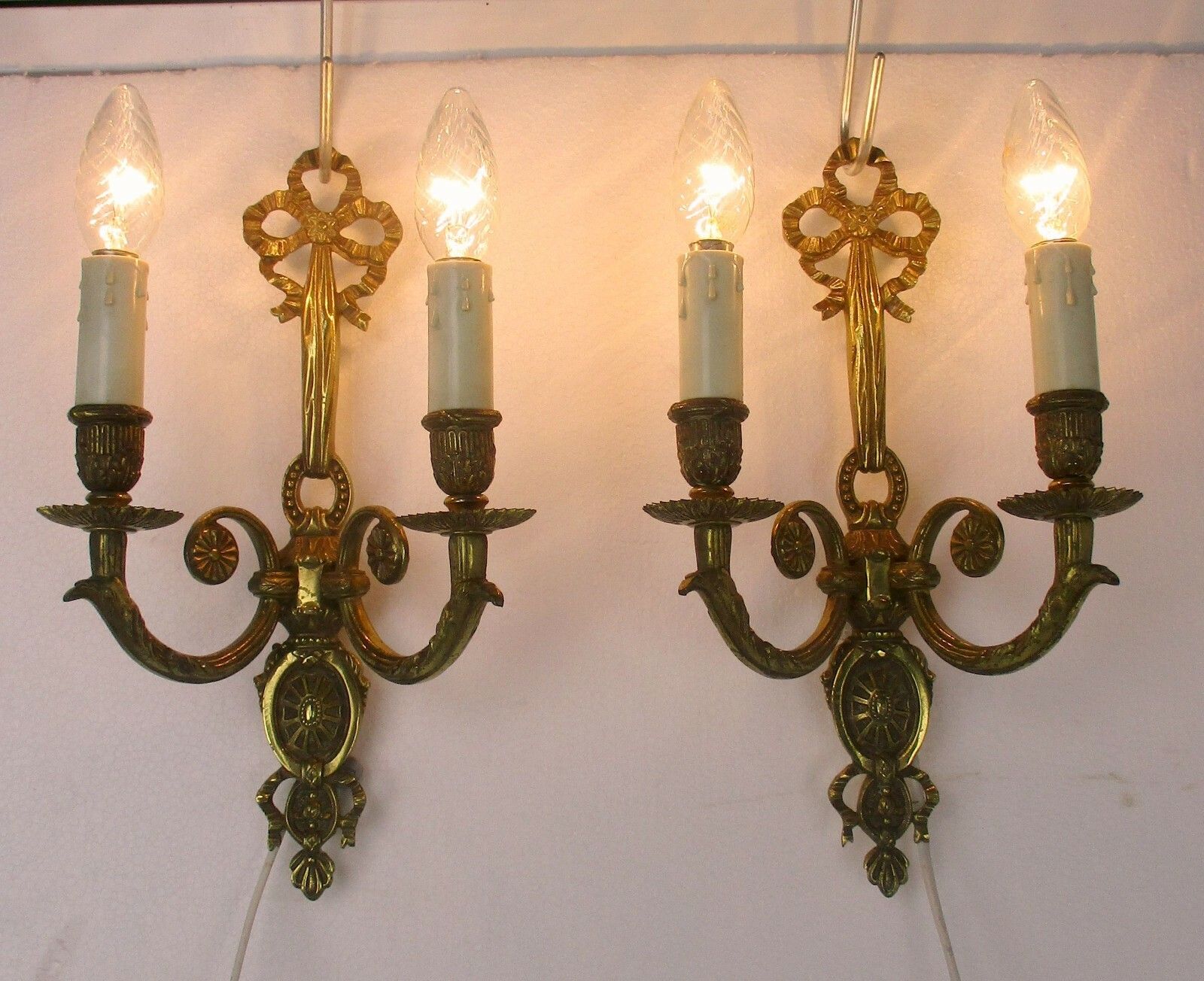 Pair Couple Vintage Ornate  Brass  Two Arm Double Wall Sconces Bows Lovely photo vintage