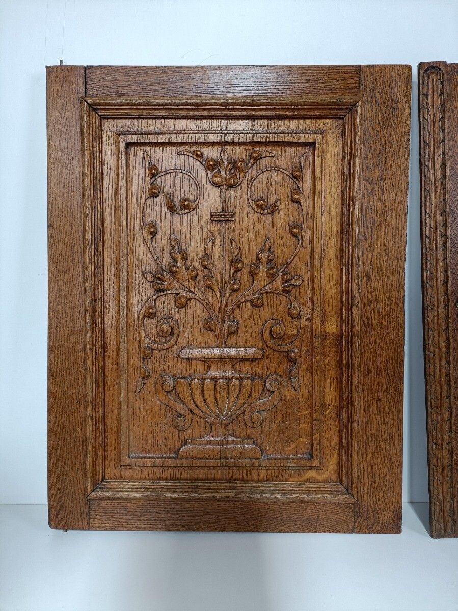Pair Antique Hand Carved Wood Door Panels Flower Baskets Reclaimed Architectural photo 324.0