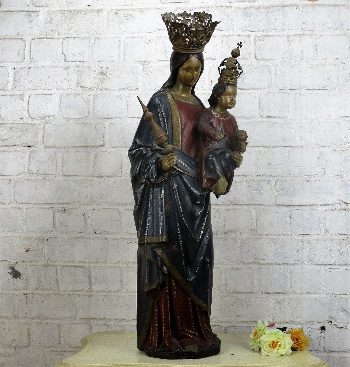 Antique Polychrome Madonna Infant Child Statue Church Plaster Collector 33.85" photo Art