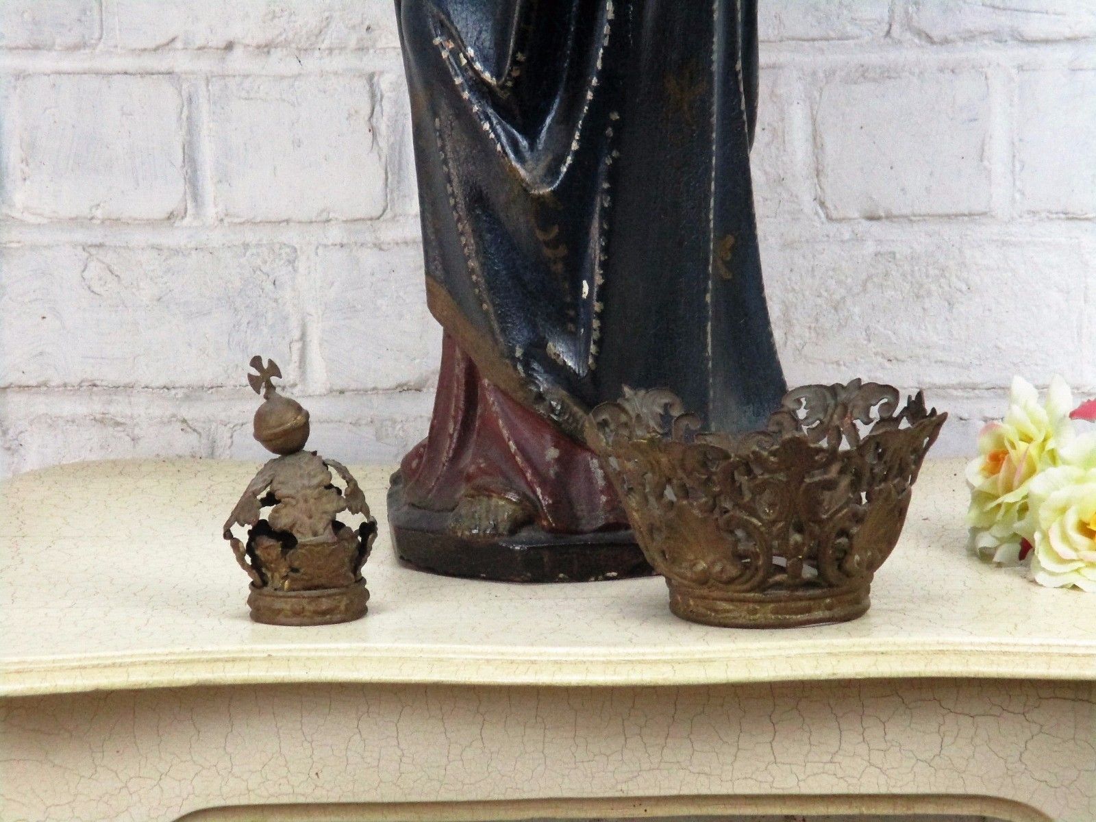 Antique Polychrome Madonna Infant Child Statue Church Plaster Collector 33.85" photo vintage