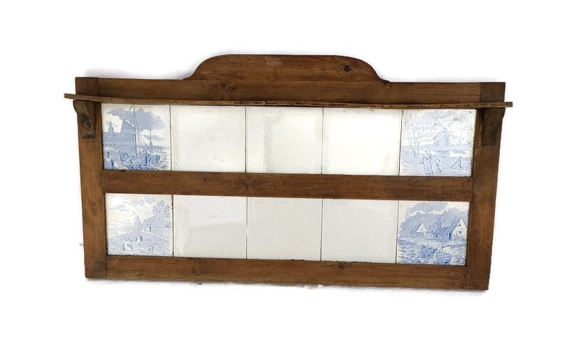 Kitchen Herbs Wall Hanging Cabinet  Wood Ceramic Tiles Blue White Antique Barn S