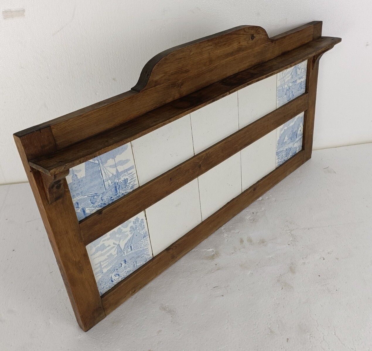 Kitchen Herbs Wall Hanging Cabinet  Wood Ceramic Tiles Blue White Antique Barn S photo vintage