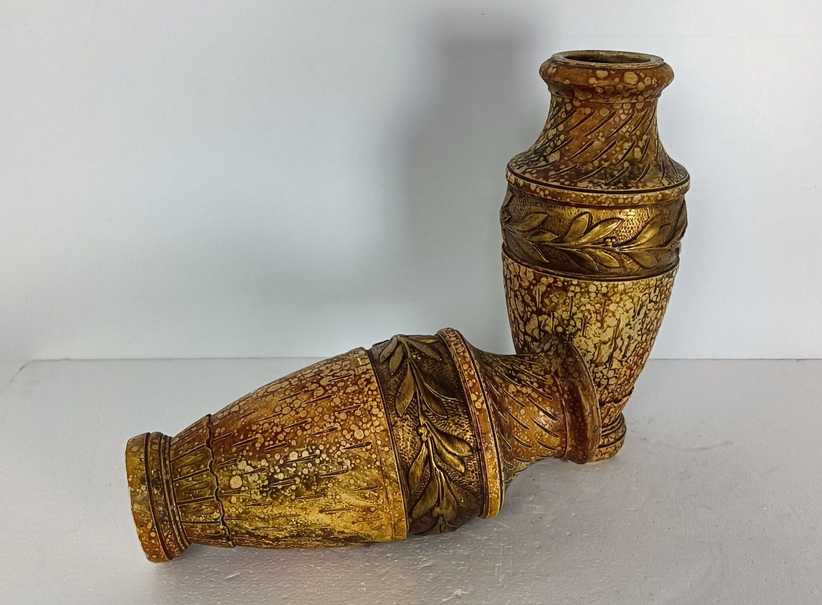 Couple Of Plaster Antique Art Deco Vases Gold Leafs French photo for sale
