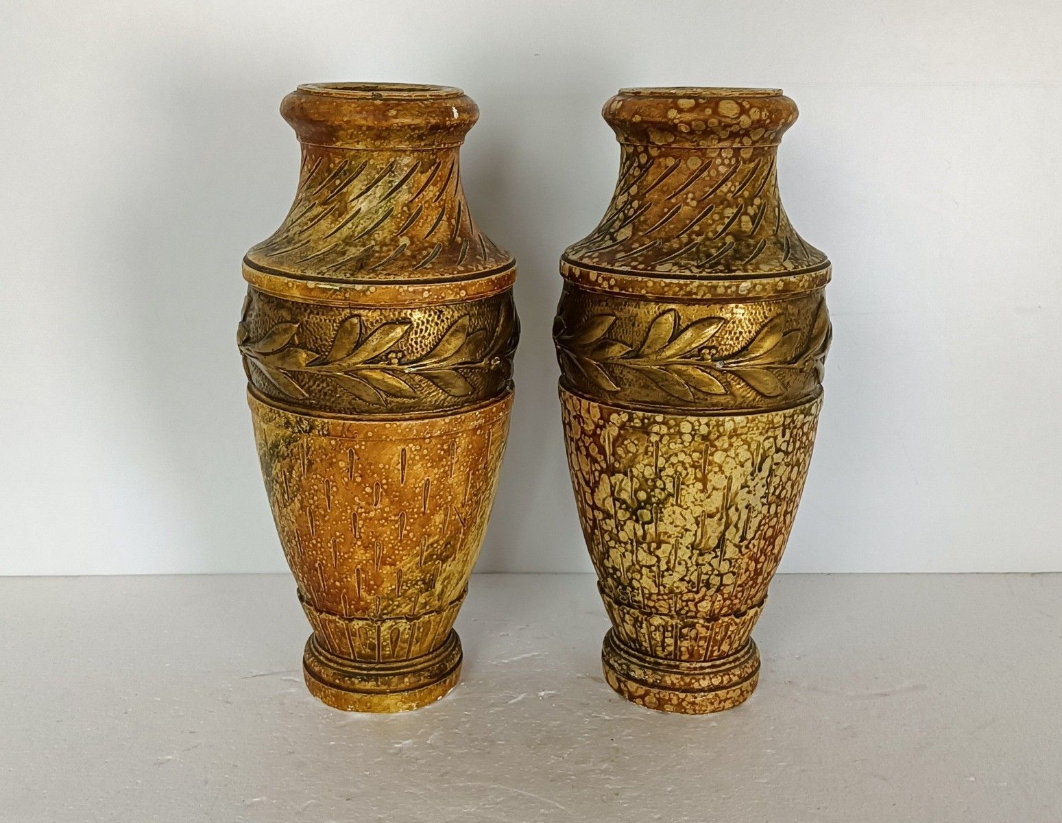 Couple Of Plaster Antique Art Deco Vases Gold Leafs French photo vinterior