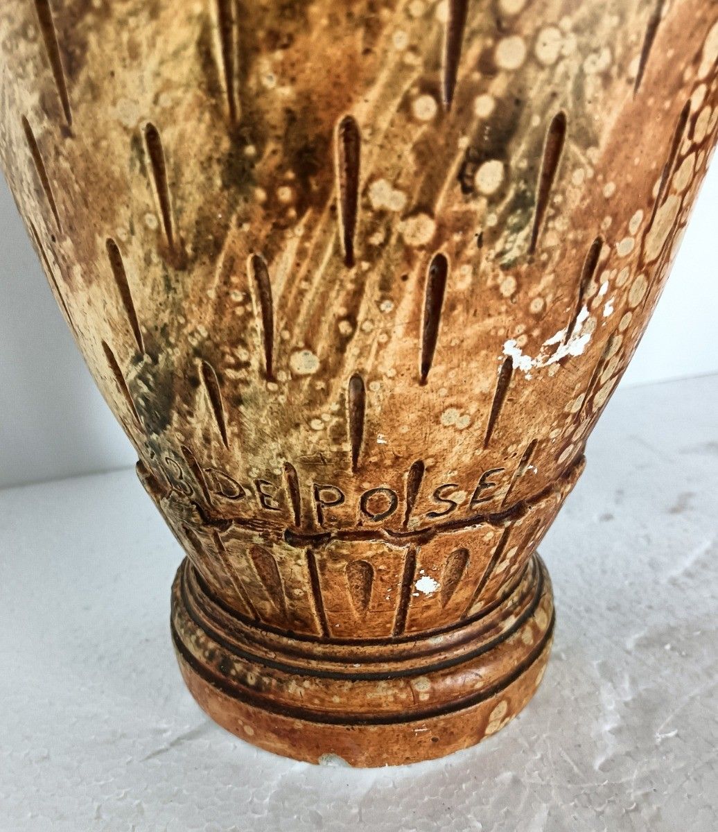Couple Of Plaster Antique Art Deco Vases Gold Leafs French photo vintage