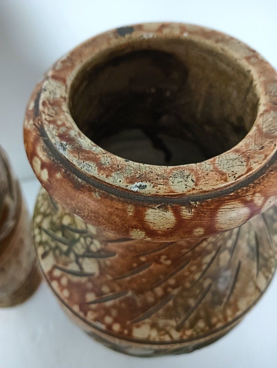 photo for sale Couple Of Plaster Antique Art Deco Vases Gold Leafs French
