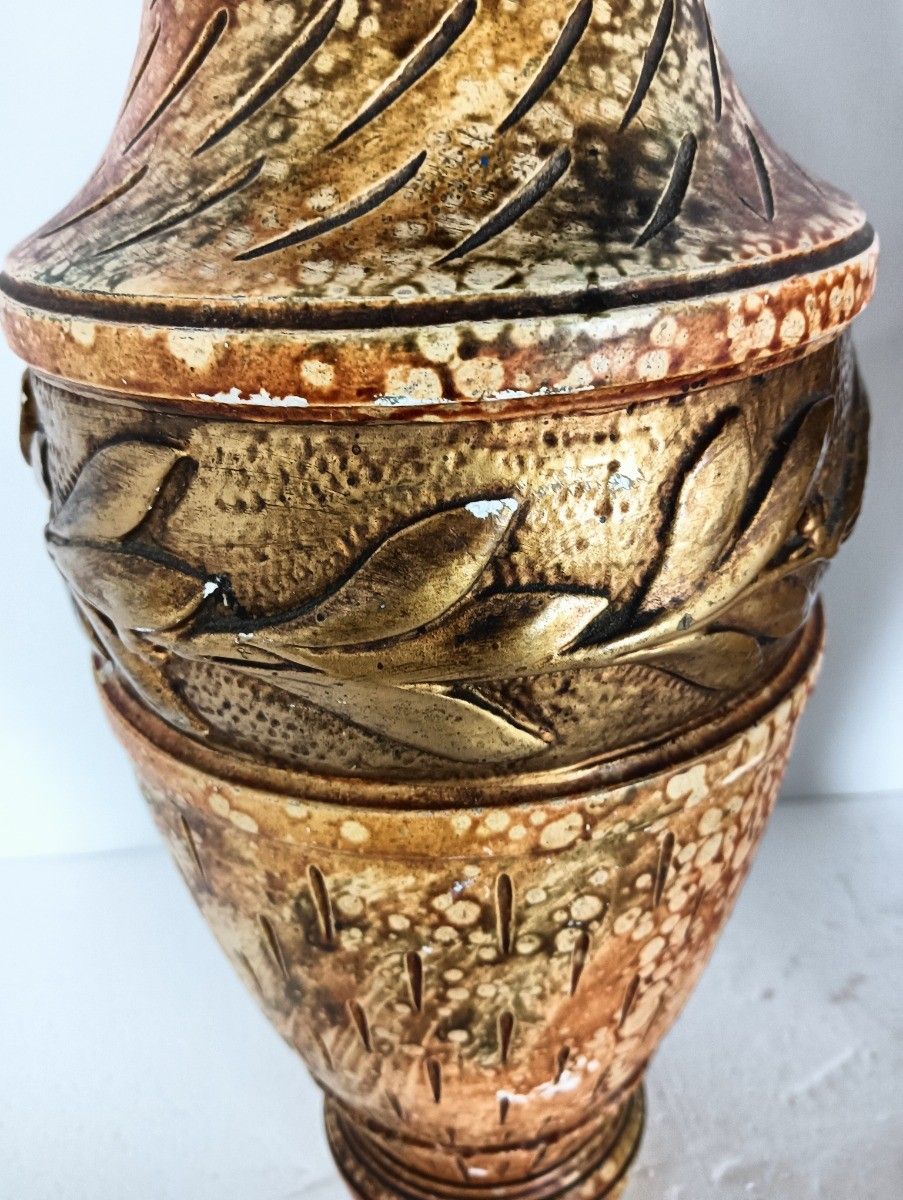 Home Decor Couple Of Plaster Antique Art Deco Vases Gold Leafs French photo